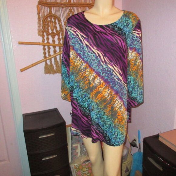 Vtg Jostar Artsy Tunic Top Size 2XL Stretchy 3/4 Sleeve Psychedelic Rainbow Boho - Picture 1 of 9